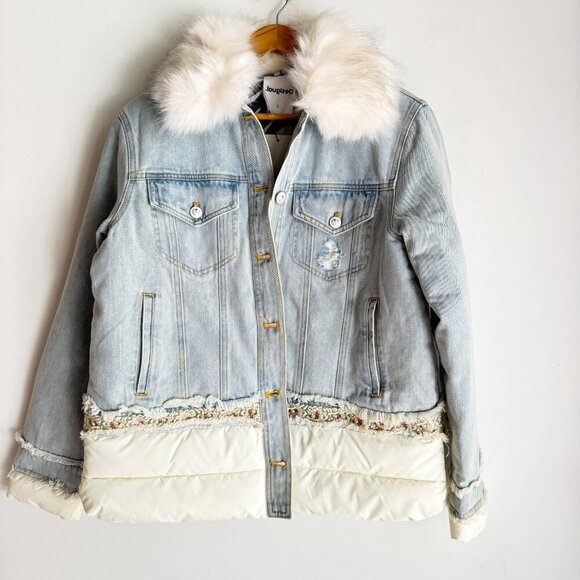 Desigual Light Wash Denim Fur Collar Quilted Interior Jacket L - Picture 3 of 7